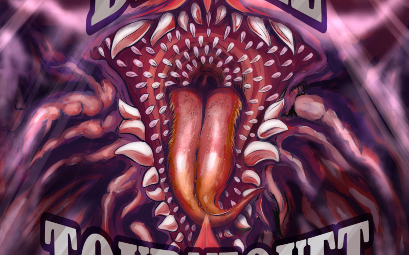 A large red and purple maw with many sharp teeths. With the words "Brittle Tourniquet Episode 3".